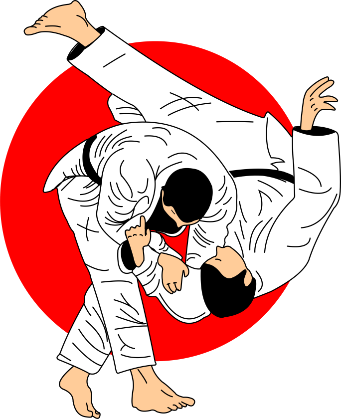 Judo technique with Japanese red sun background symbolizing tradition and discipline