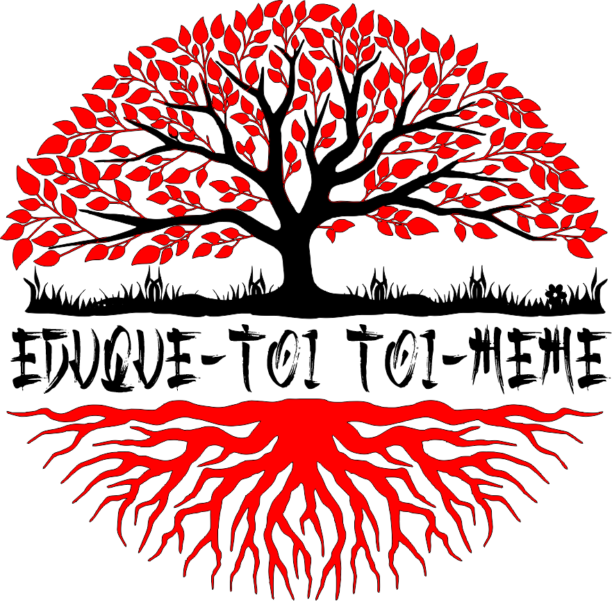 Arbre rouge et noir dont les racines symbolisent l'auto-éducation, les fondements et la philosophie d'apprentissage NC5.