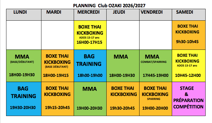 HORAIRES /PLANNING 2026/2027    Pour les entrainements du vendredi, il faudra être inscrit dans la discipline du sparring