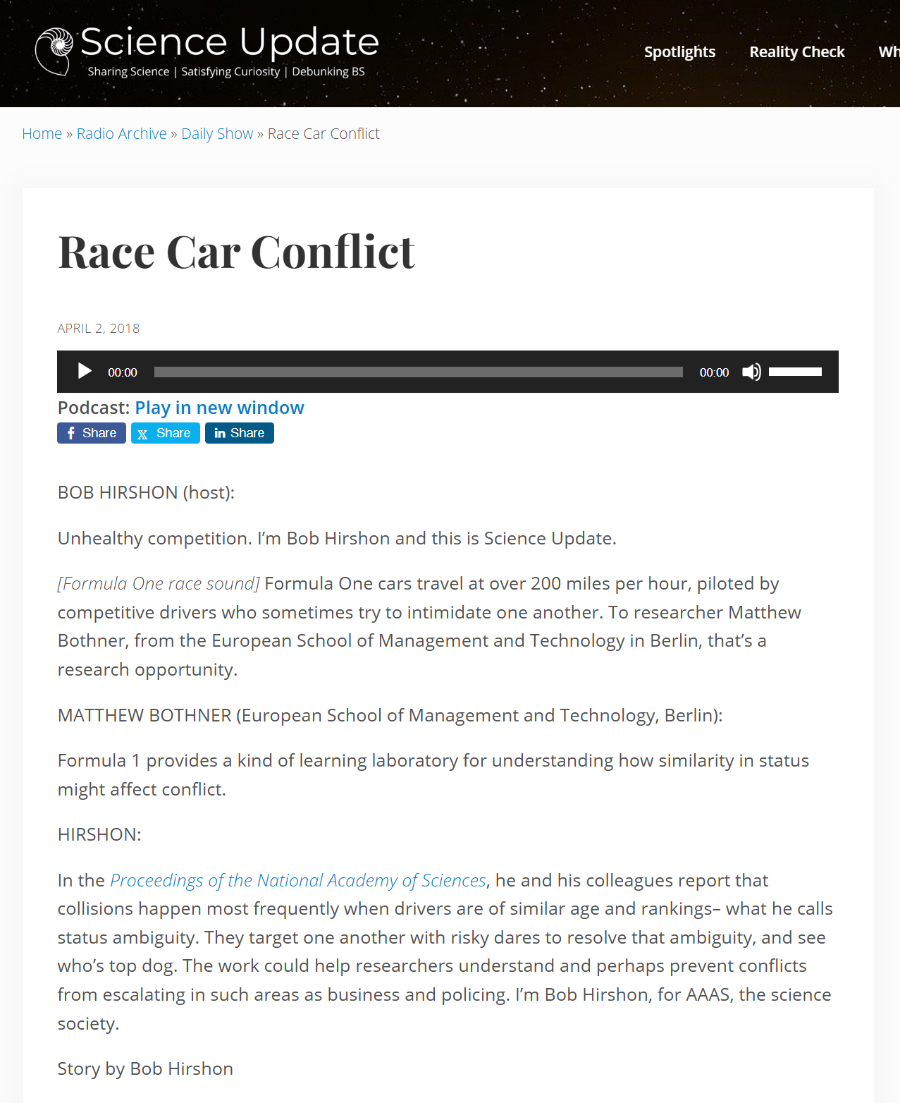 "RACE CAR CONFLICT - Researchers learn about aggression and conflict by watching Formula One races"