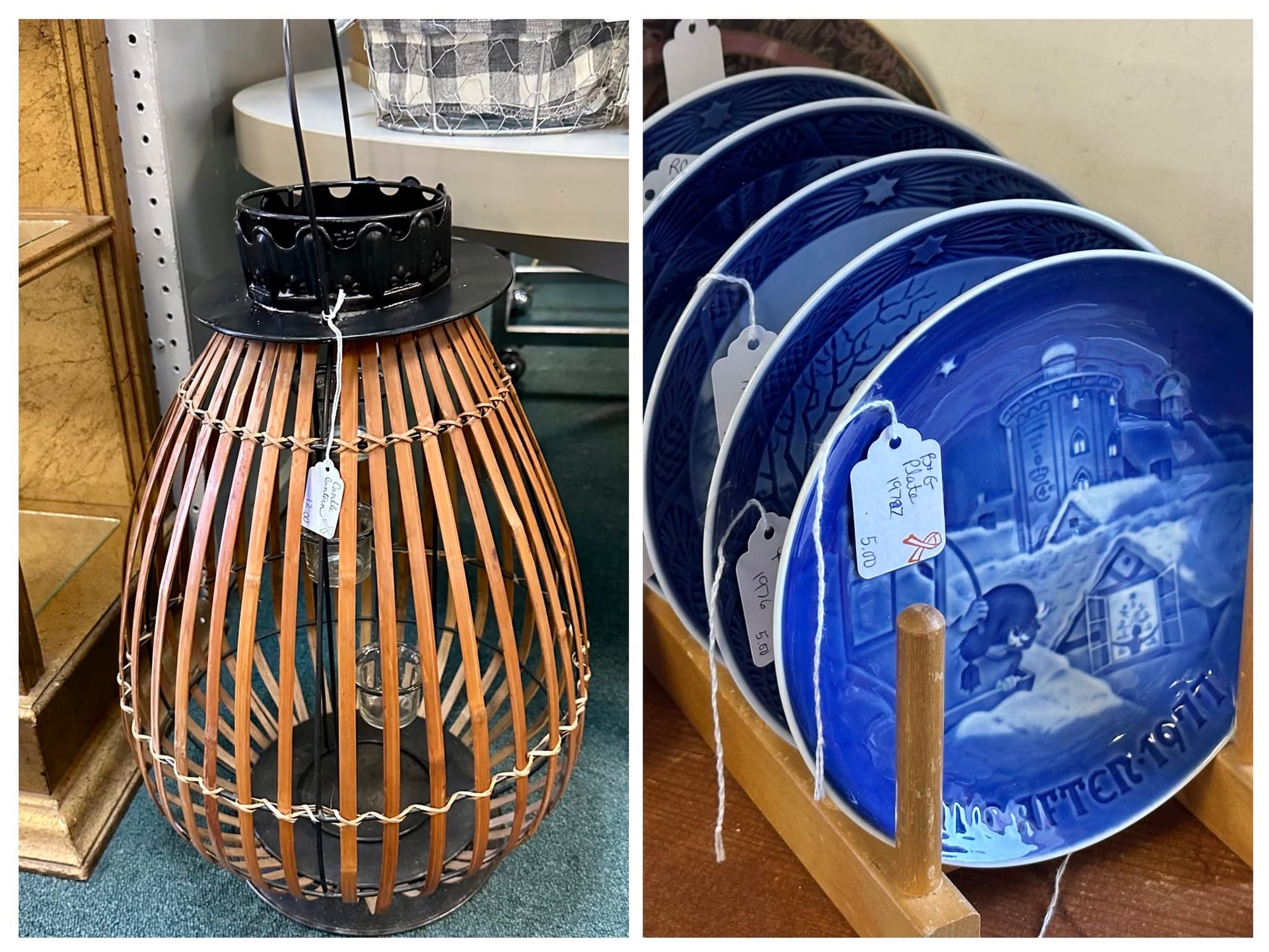 Hanging basket with candle holders and Vintage Plates