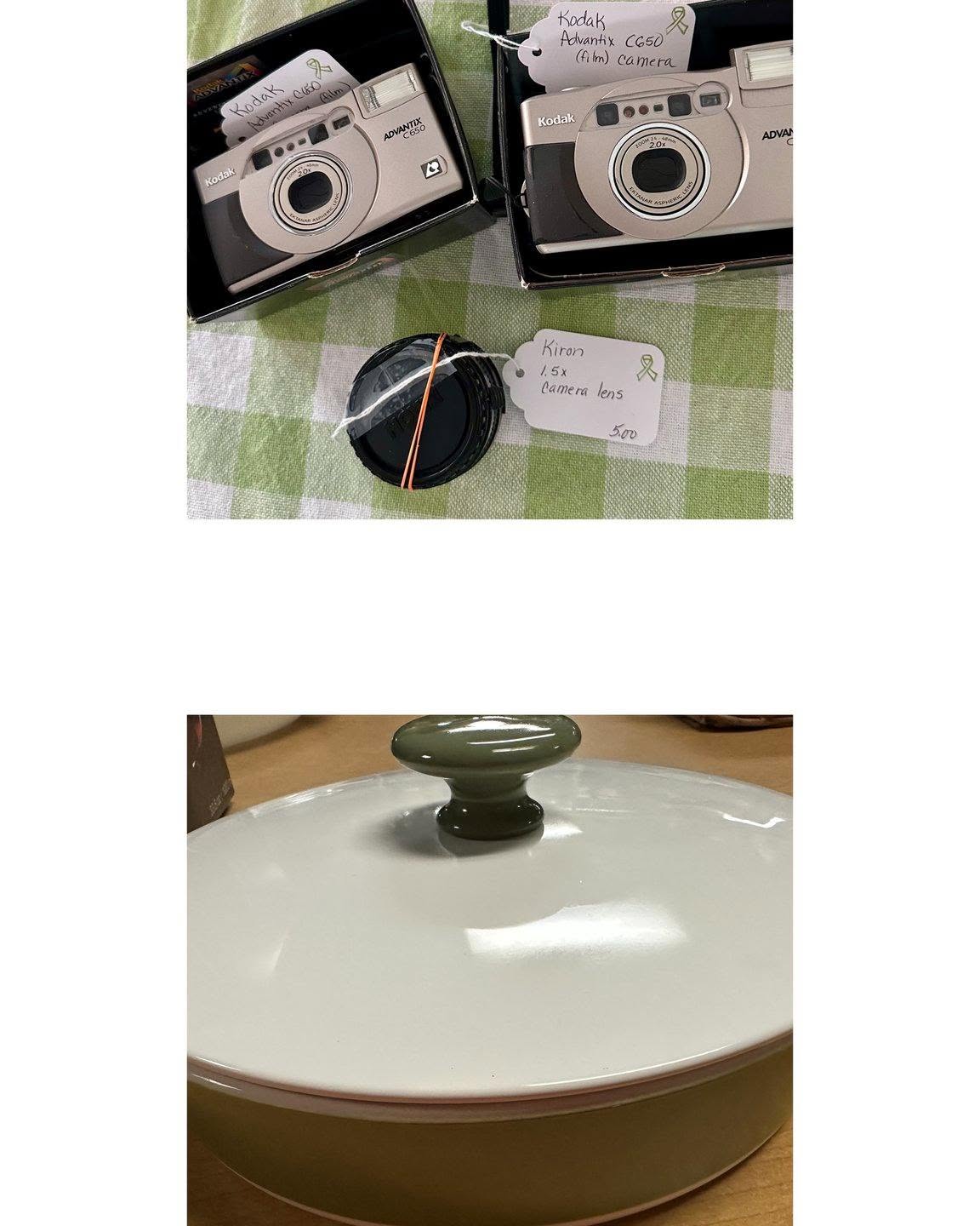 Vintage Kodak Film Cameras & Avocado Corning Ware Casserole with lid