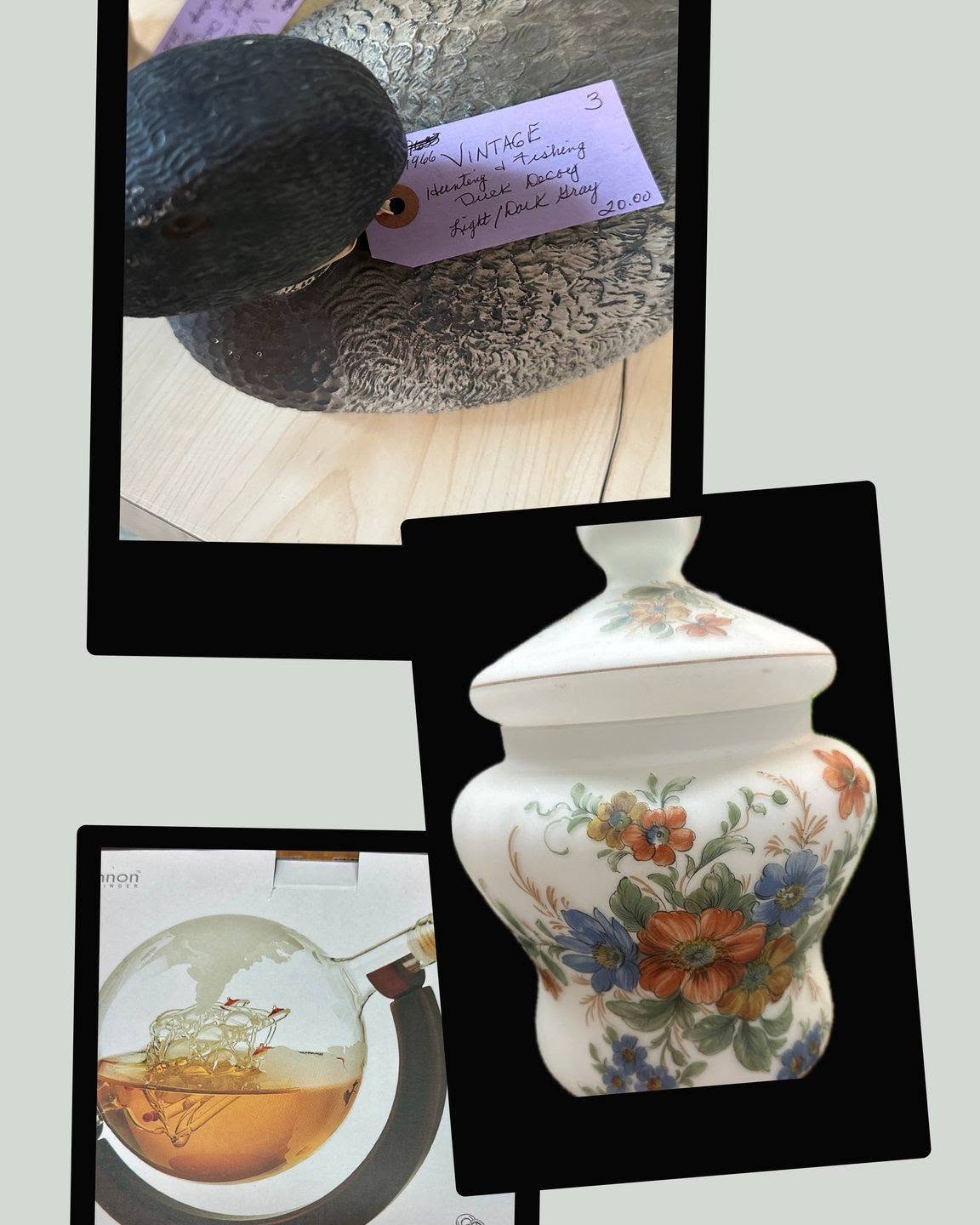 Duck Decoys, Globe Decanter & Vintage Ginger Jar (large) $75
