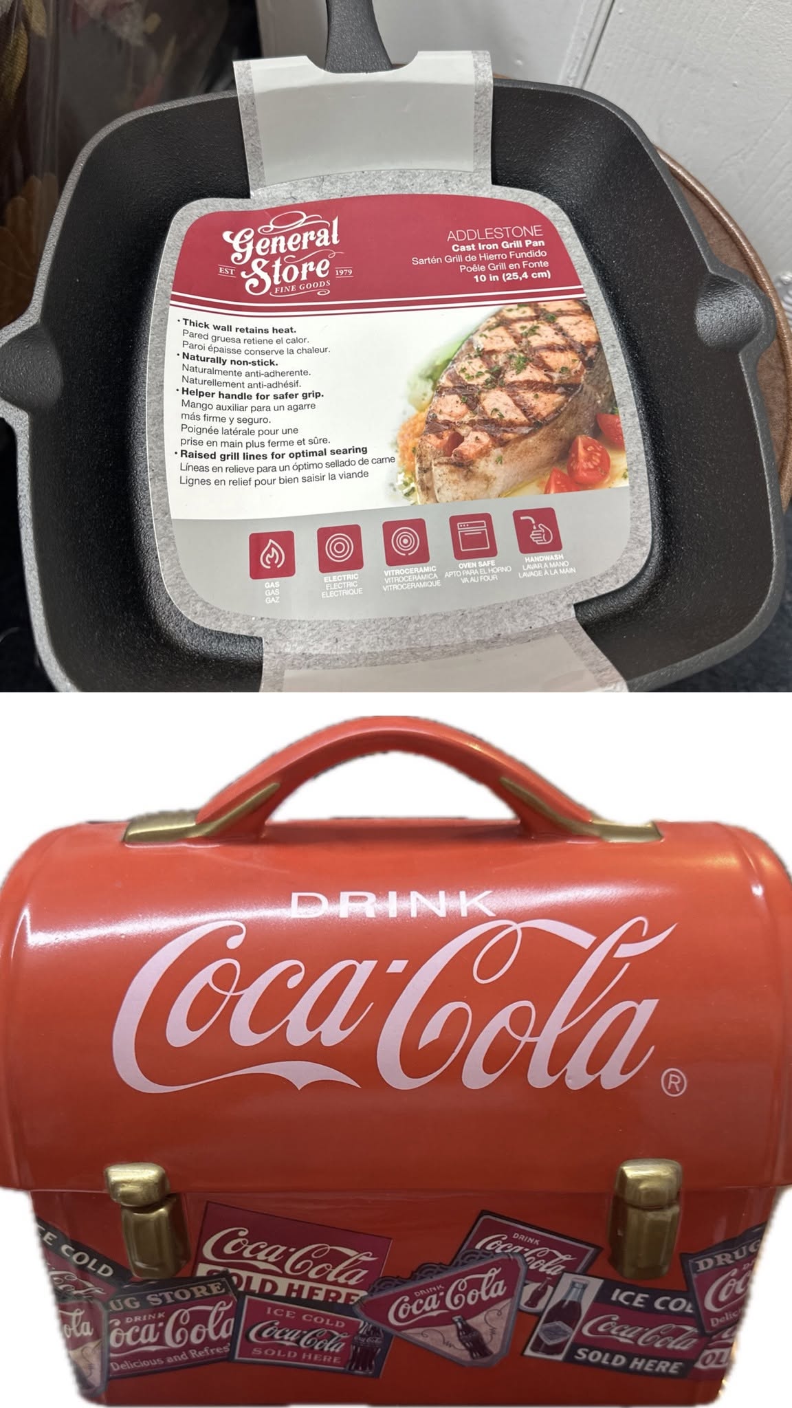 New cast iron pan & Coco Cola cookie jar