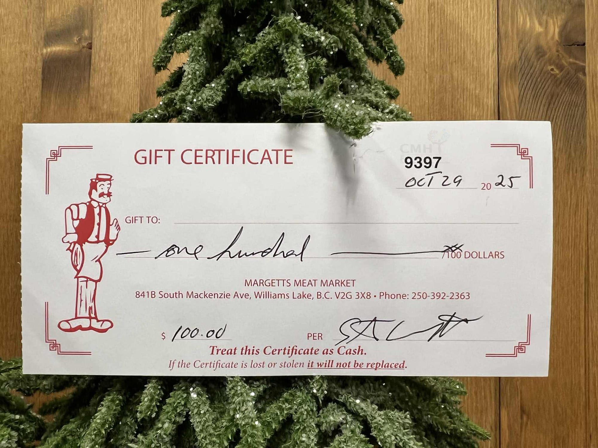 Certificate to Margetts Meat Market: