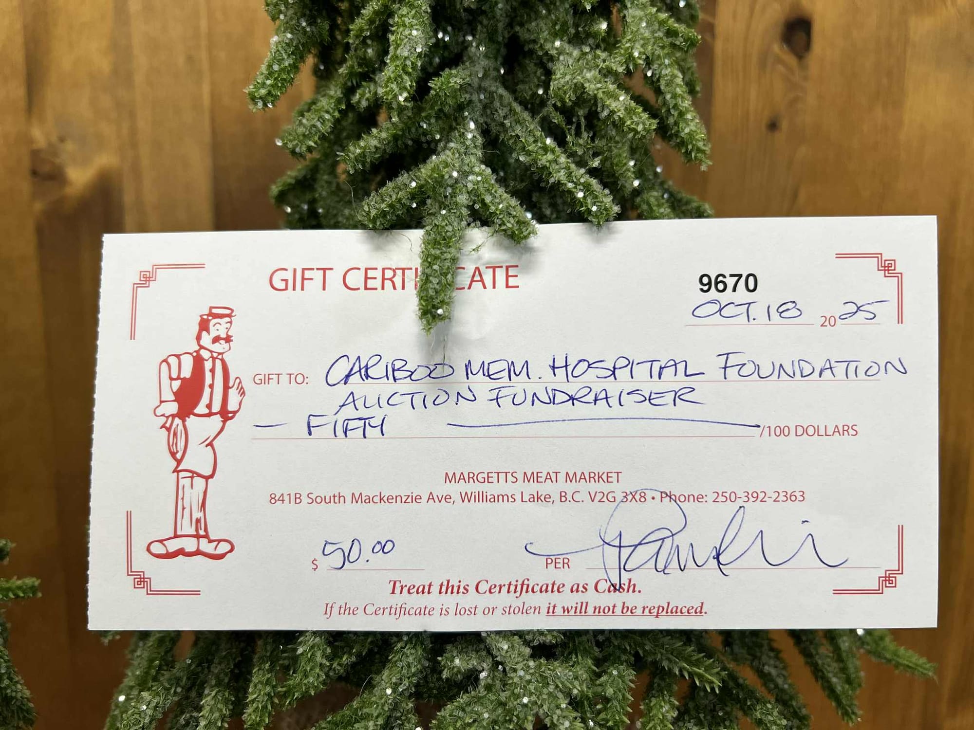 $50 gift certificate to Margett's Meat Market