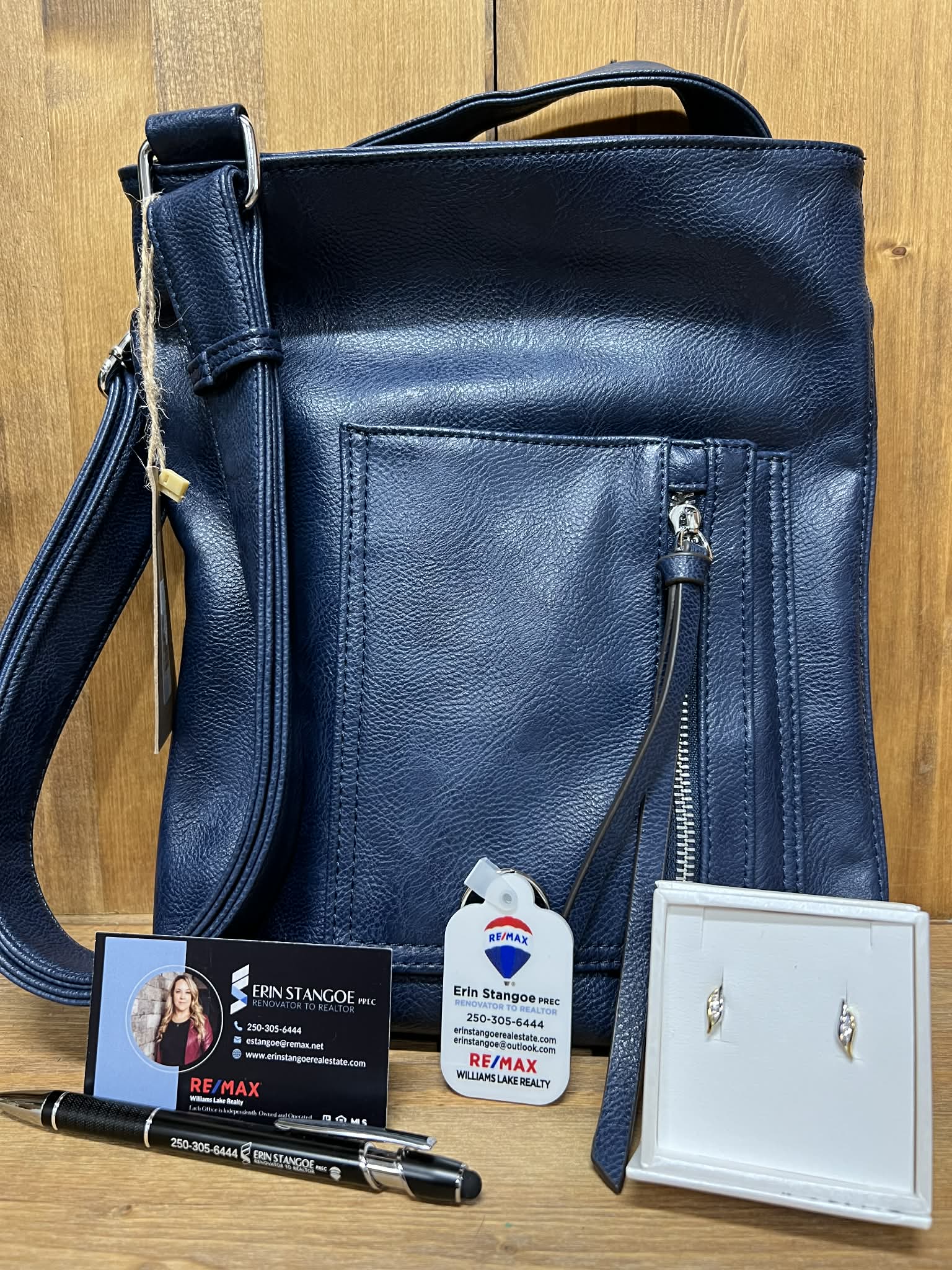 Leather purse & sterling silver and diamond earrings set