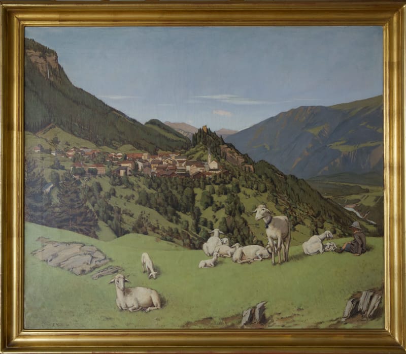 (186S) RUDOLF MÜLLI, SCHAFHERDE MIT HIRTENJUNGE VOR BERGDORF