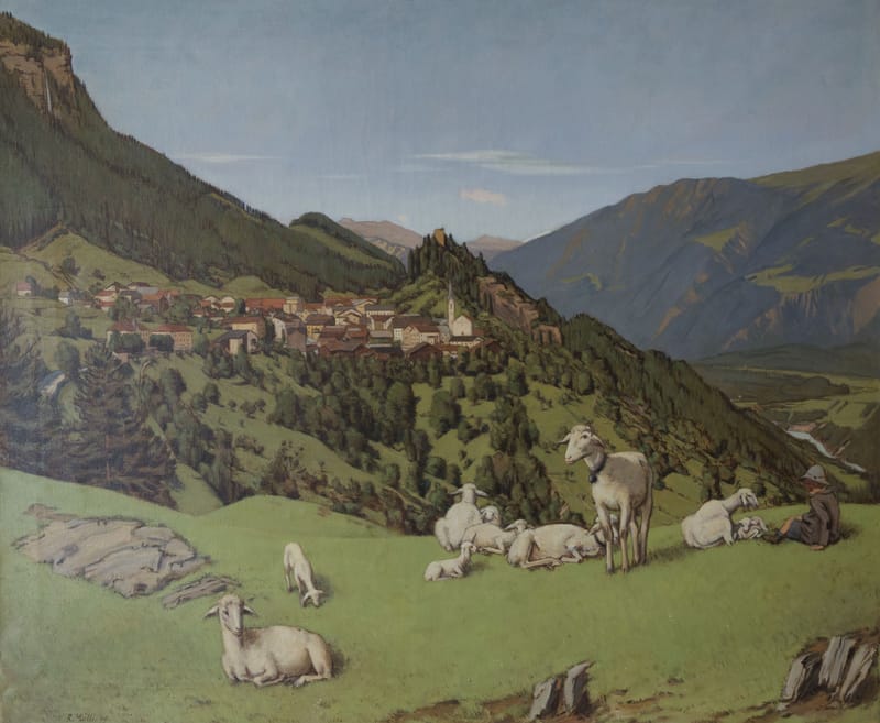 (186S) RUDOLF MÜLLI, SCHAFHERDE MIT HIRTENJUNGE VOR BERGDORF