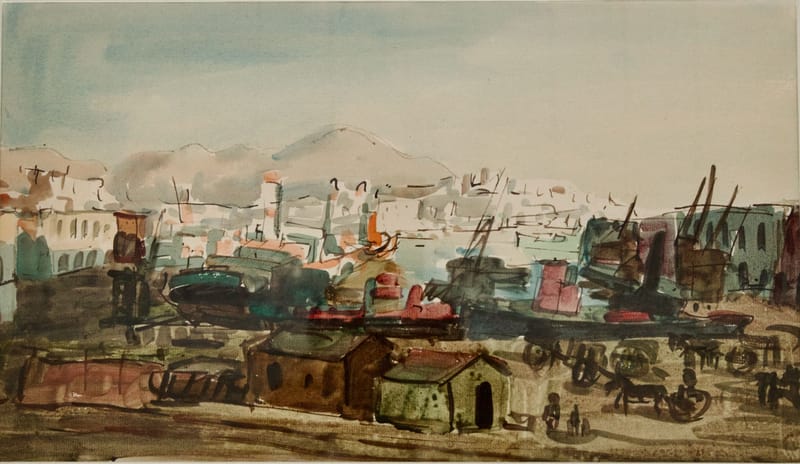 (195S)IGNAZ EPPER AQUARELL EINER HAFENSZENE