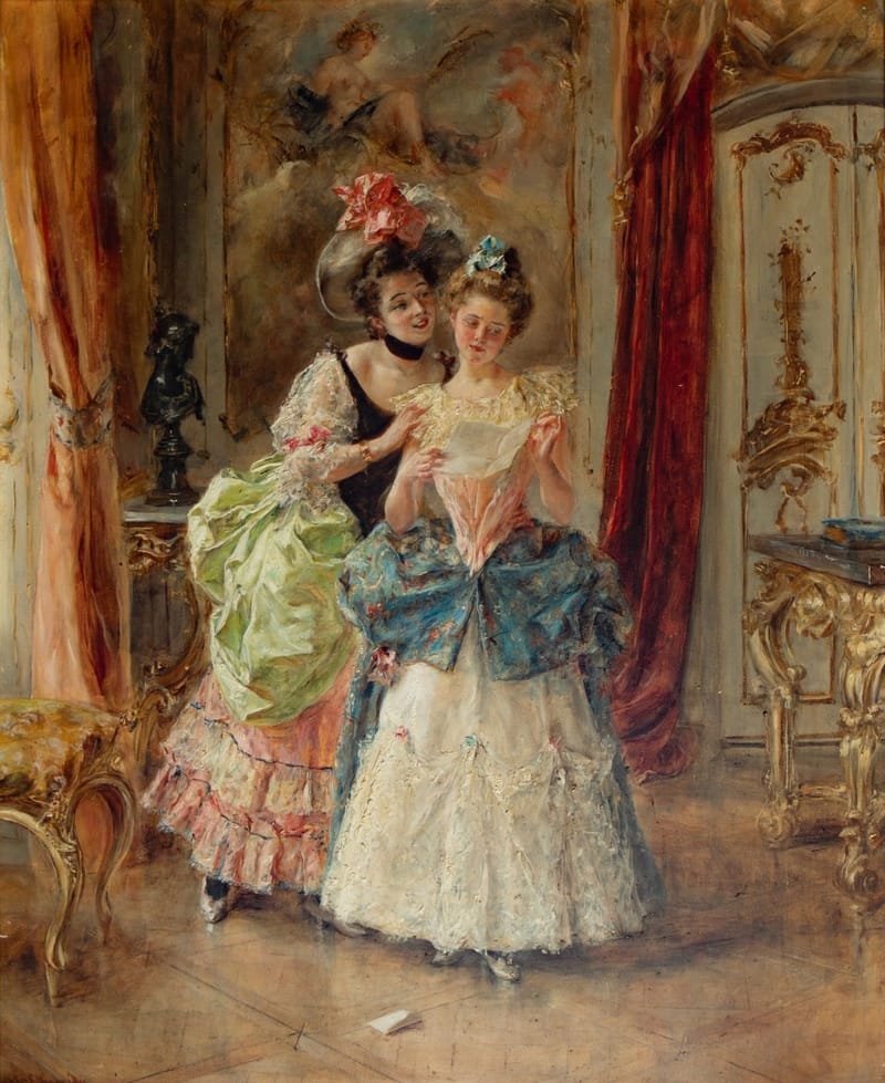 EDUARDO LEON GARRIDO, ZWEI DAMEN IN ROKOGEWÄNDERN IN EINEM SALON