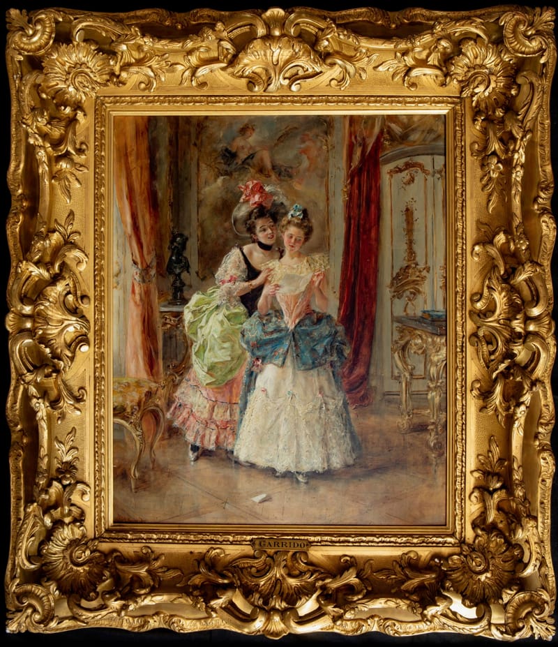 EDUARDO LEON GARRIDO, ZWEI DAMEN IN ROKOGEWÄNDERN IN EINEM SALON