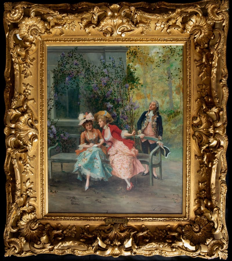 CARLOS ALONSO PEREZ, ZWEI DAMEN IN ROKOKOGEWÄNDERN AUF EINER GARTENBANK