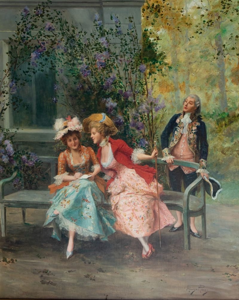 CARLOS ALONSO PEREZ, ZWEI DAMEN IN ROKOKOGEWÄNDERN AUF EINER GARTENBANK