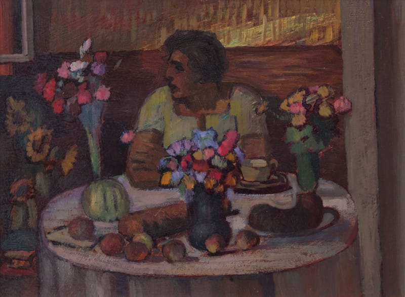 (253S)  KAFFEPAUSE MIT FRÜCHTEN UND BLUMENSTRÄUSSEN VON EUGEN (GEN) NIEDERER