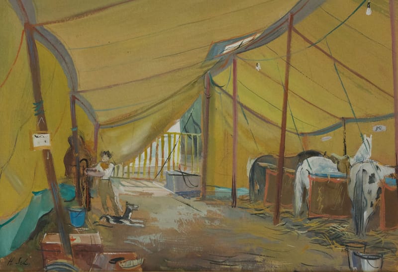 (249S) PFERDE IM ZELTSTALL VON HANS SCHÖLLHORN