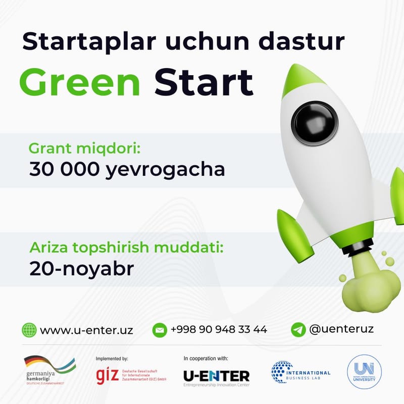 🚀 Xalqaro Nordik universiteti va UEnter Innovatsion tadbirkorlik markazi boshqa tashkilotlar hamkorligida yashil startaplar uchun "Green Start" dasturini e'lon qiladi.