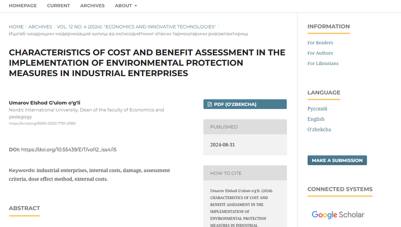 SANOAT KORXONALARIDA ATROF MUHITNI MUHOFAZA QILISH CHORA-TADBIRLARINI AMALGA OSHIRISHDA XARAJATLAR VA FOYDANI BAHOLASH XUSUSIYATI