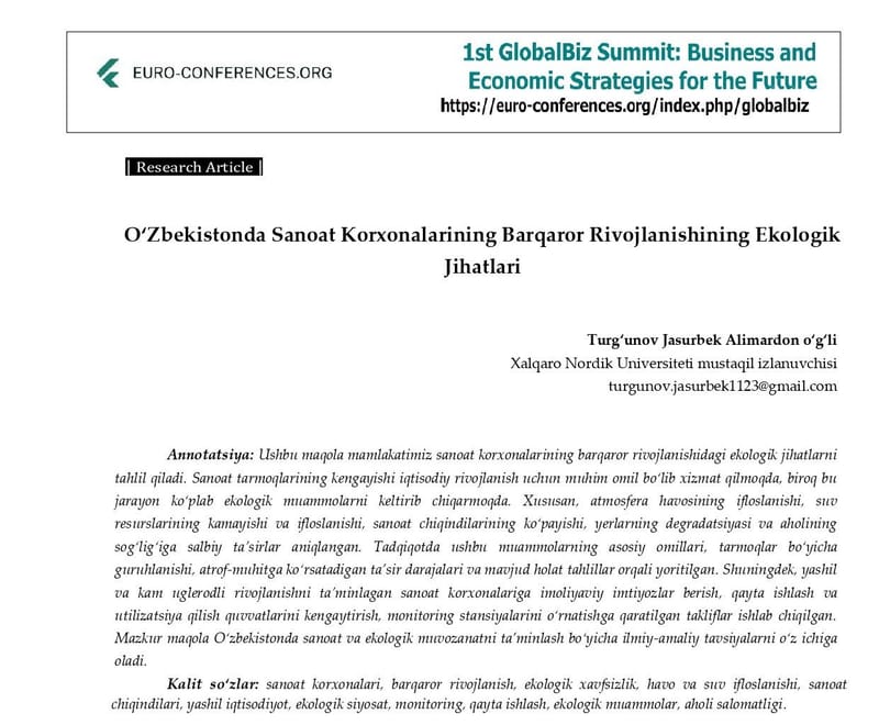 O‘zbekistonda sanoat korxonalarining barqaror rivojlanishining ekologik jihatlari