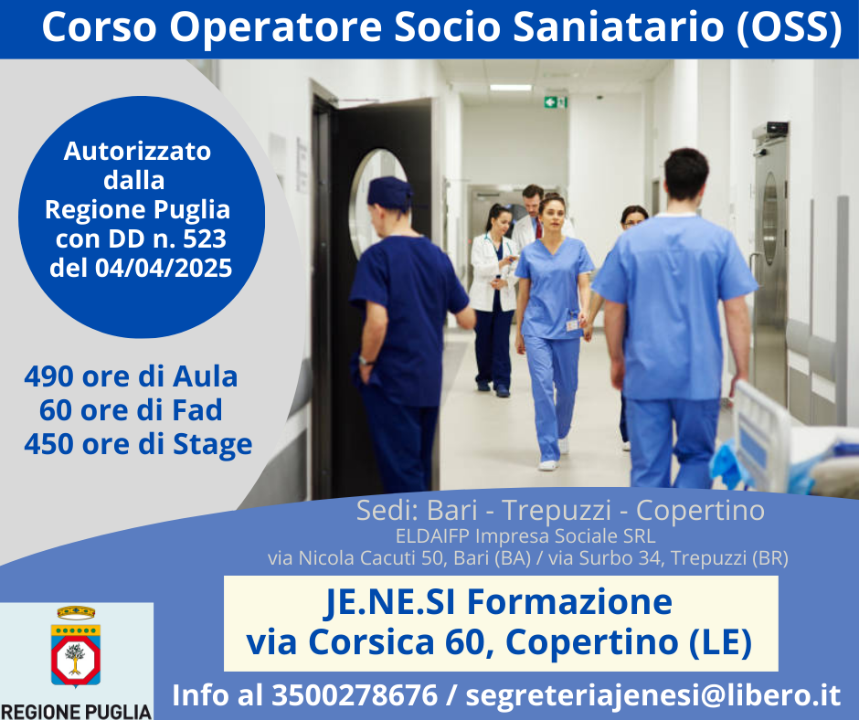 Operatore Socio Sanitario (OSS) Corso autorizzato dalla Regione Puglia con DD 523 del 04/04/2025