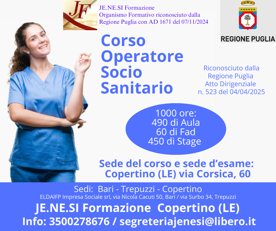 Operatore Socio Sanitario (OSS) Corso autorizzato dalla Regione Puglia con DD 523 del 04/04/2025