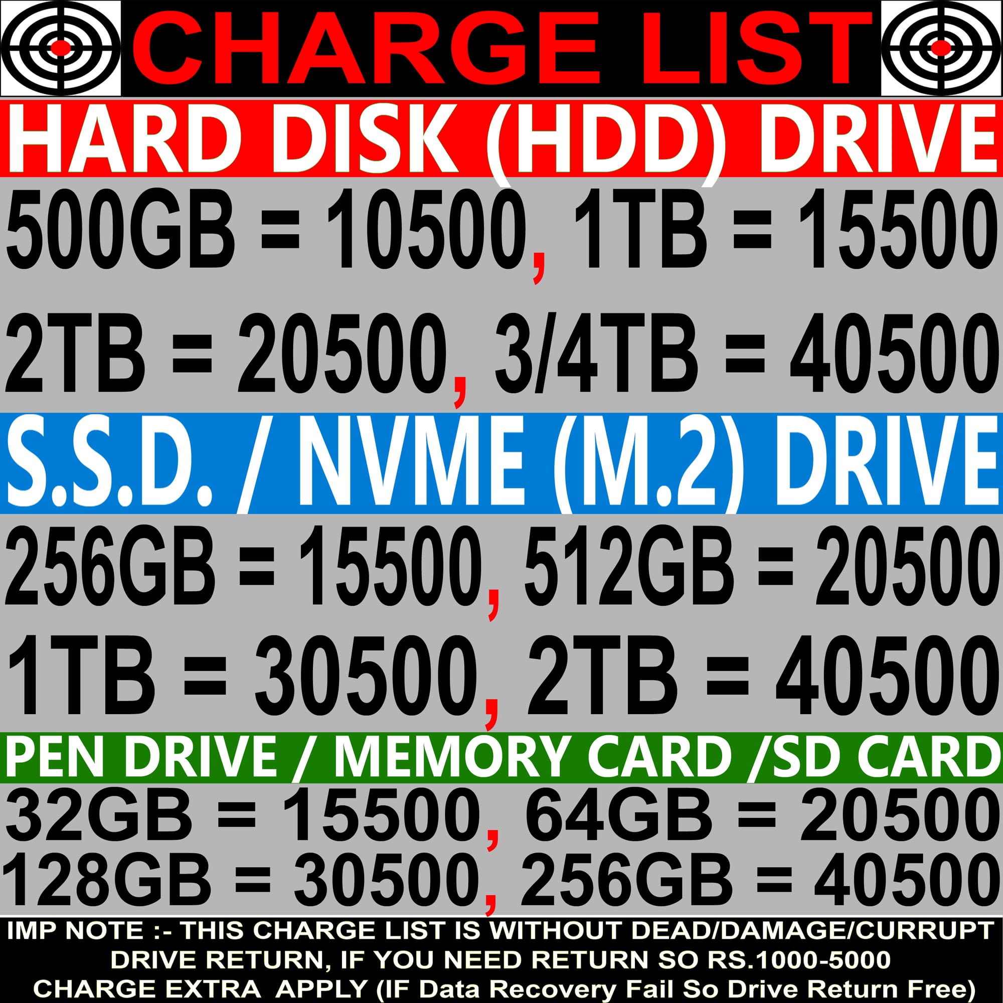 DATA RECOVERY SERVICE PRICE LIST