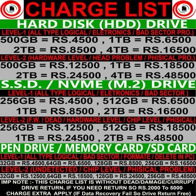 DATA RECOVERY SERVICE PRICE LIST