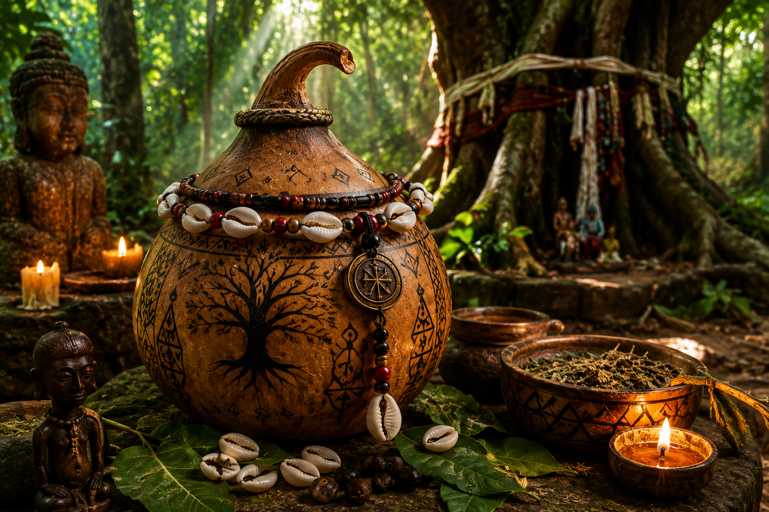Calebasse magique utilisée dans un rituel spirituel africain pour attirer l'argent, la chance et la prospérité.