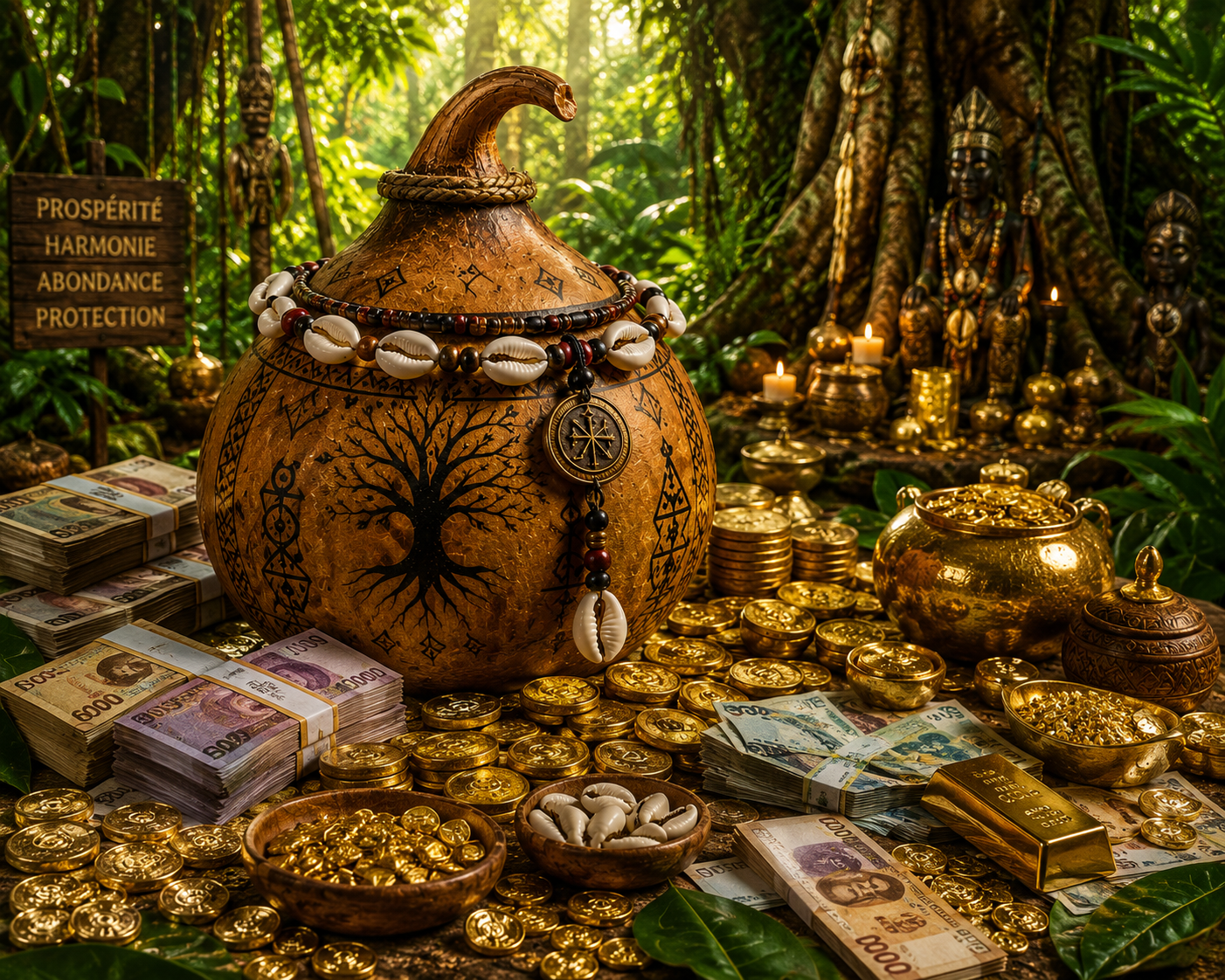 Rituel de calebasse magique africaine pour attirer la prospérité, l'abondance financière et la réussite.