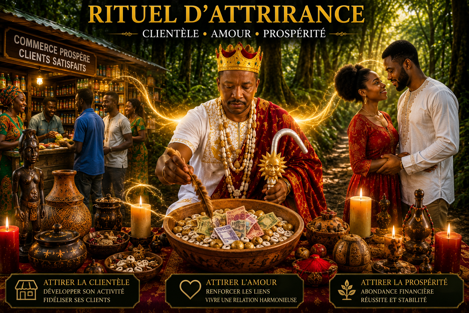 Autel spirituel africain consacré au rituel d'attirance des clients et de la réussite professionnelle.