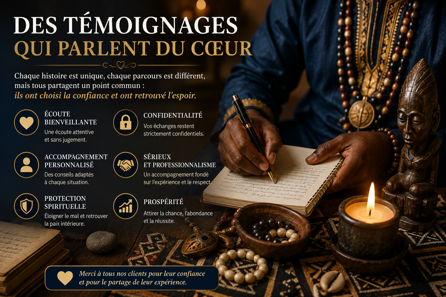 Témoignages authentiques de clients satisfaits après un accompagnement spirituel personnalisé pour le retour affectif, la voyance, la protection spirituelle et la prospérité.