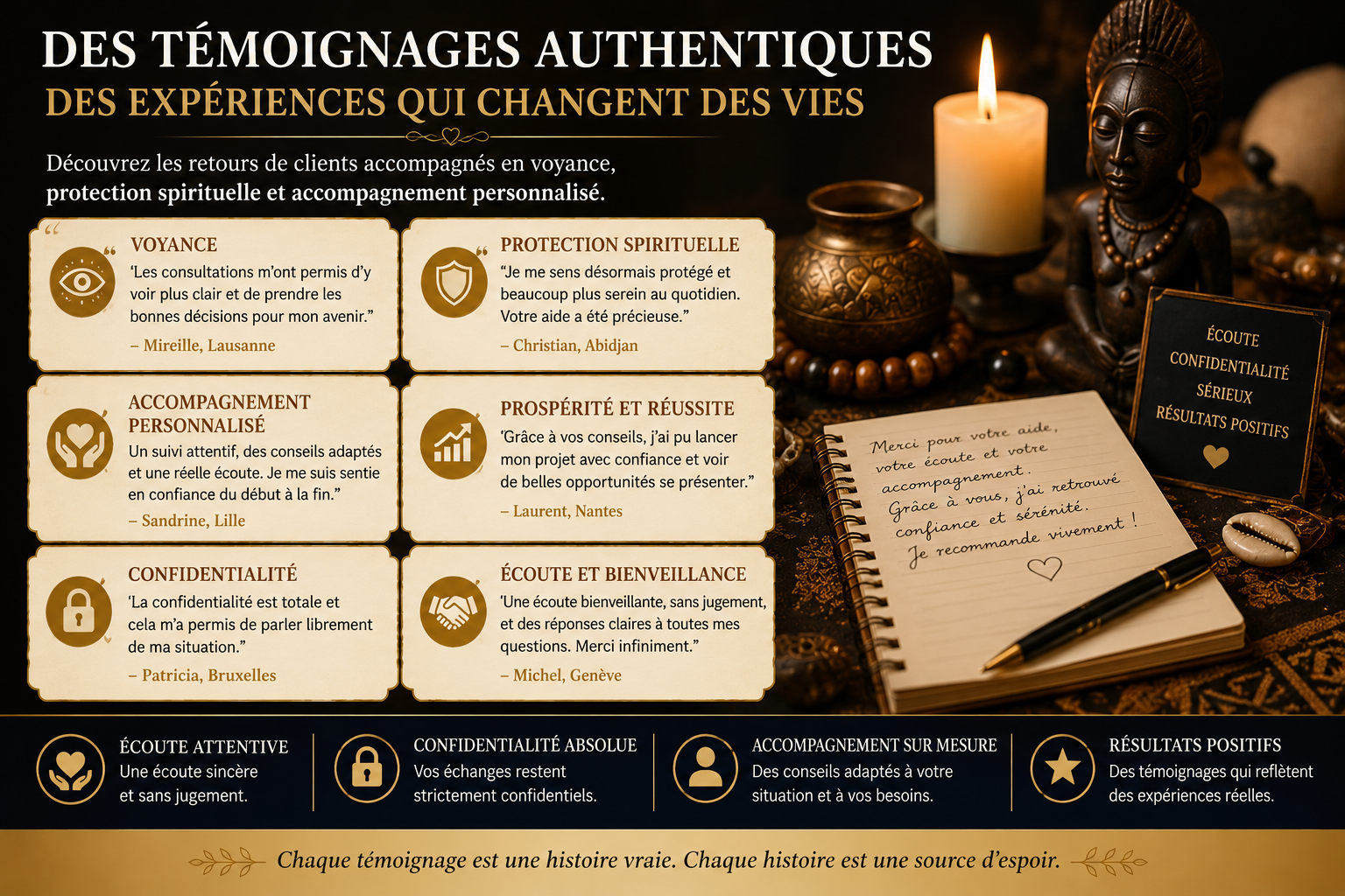 Illustration présentant des témoignages authentiques de clients satisfaits après des consultations de voyance, de protection spirituelle et d'accompagnement personnalisé.