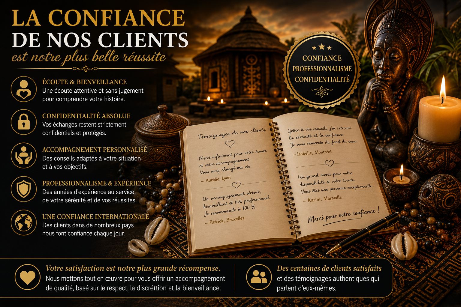 Illustration représentant la confiance de nos clients envers un accompagnement spirituel personnalisé fondé sur l'écoute, la confidentialité, le professionnalisme et le respect.