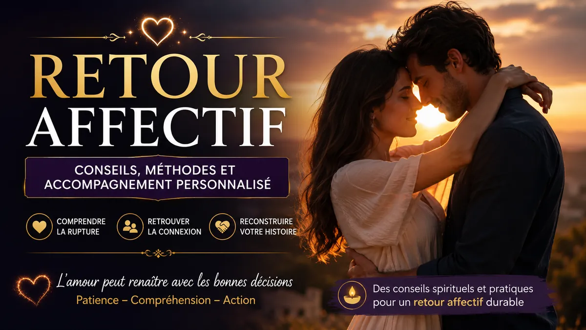 Couple réconcilié illustrant le retour affectif, la réconciliation amoureuse et les conseils pour retrouver l'amour après une séparation
