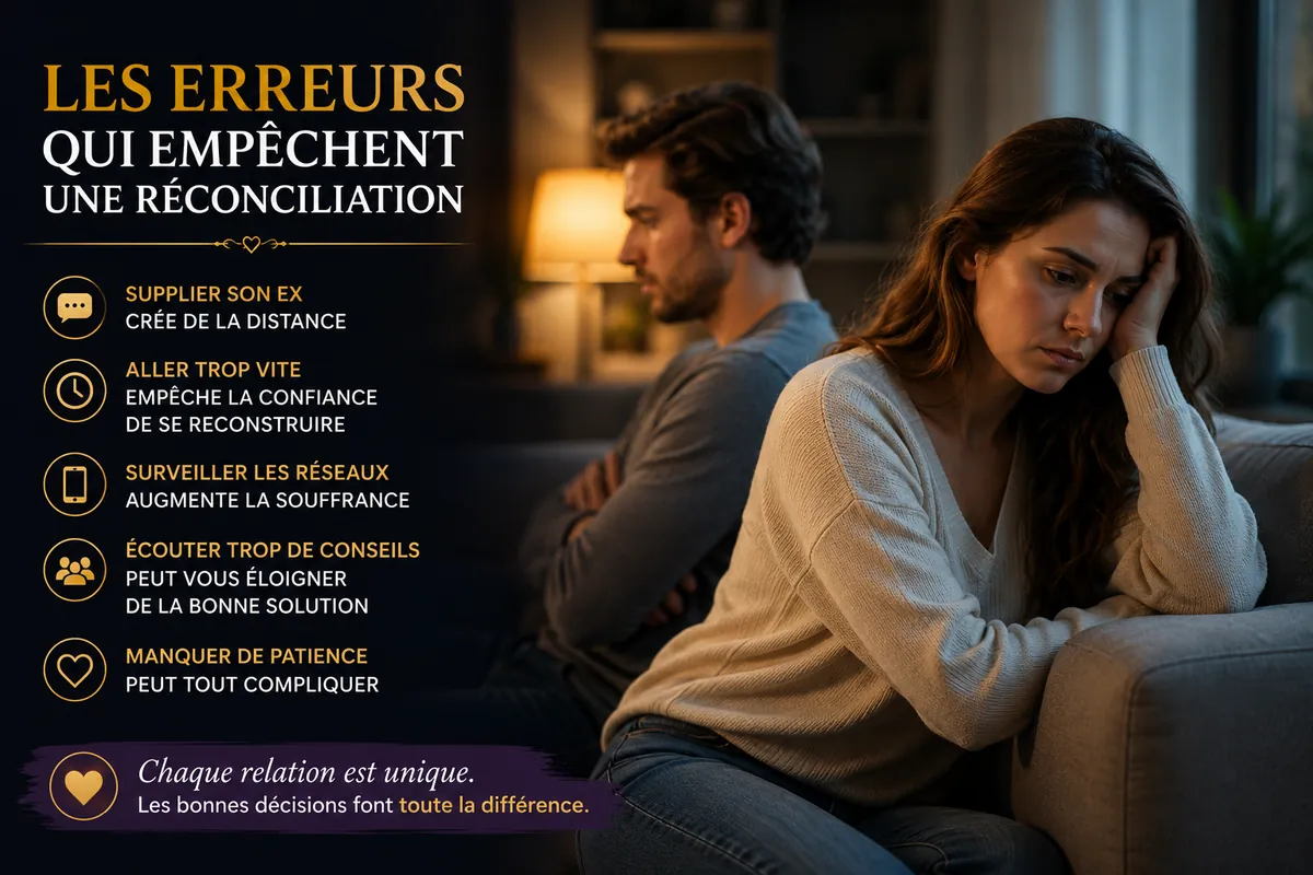 Découvrez les erreurs les plus fréquentes qui peuvent compromettre un retour affectif et les bonnes pratiques pour favoriser une réconciliation durable