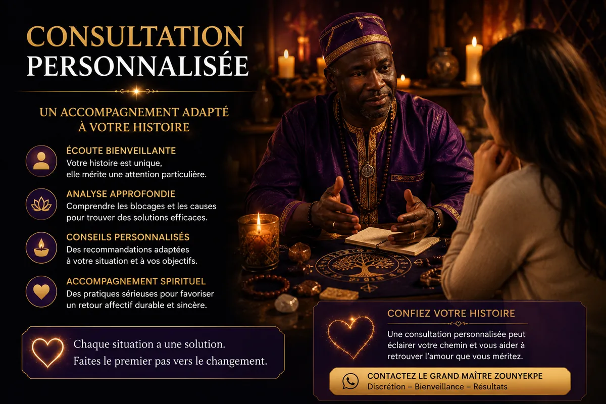 Bénéficiez d'une consultation personnalisée pour analyser votre situation sentimentale et recevoir un accompagnement adapté à votre histoire.