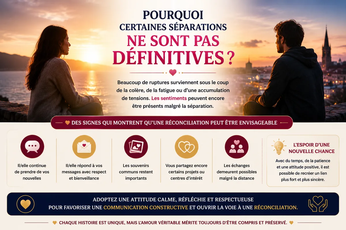 Découvrez les signes qui montrent qu'une réconciliation est encore possible et les bonnes attitudes à adopter pour favoriser un retour affectif durable.