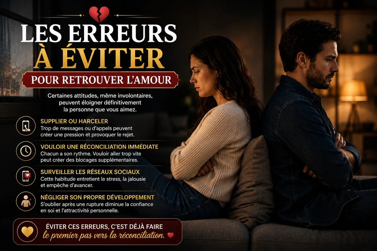 Découvrez les erreurs les plus fréquentes après une rupture et les bonnes pratiques pour favoriser un retour affectif durable et reconstruire une relation amoureuse.