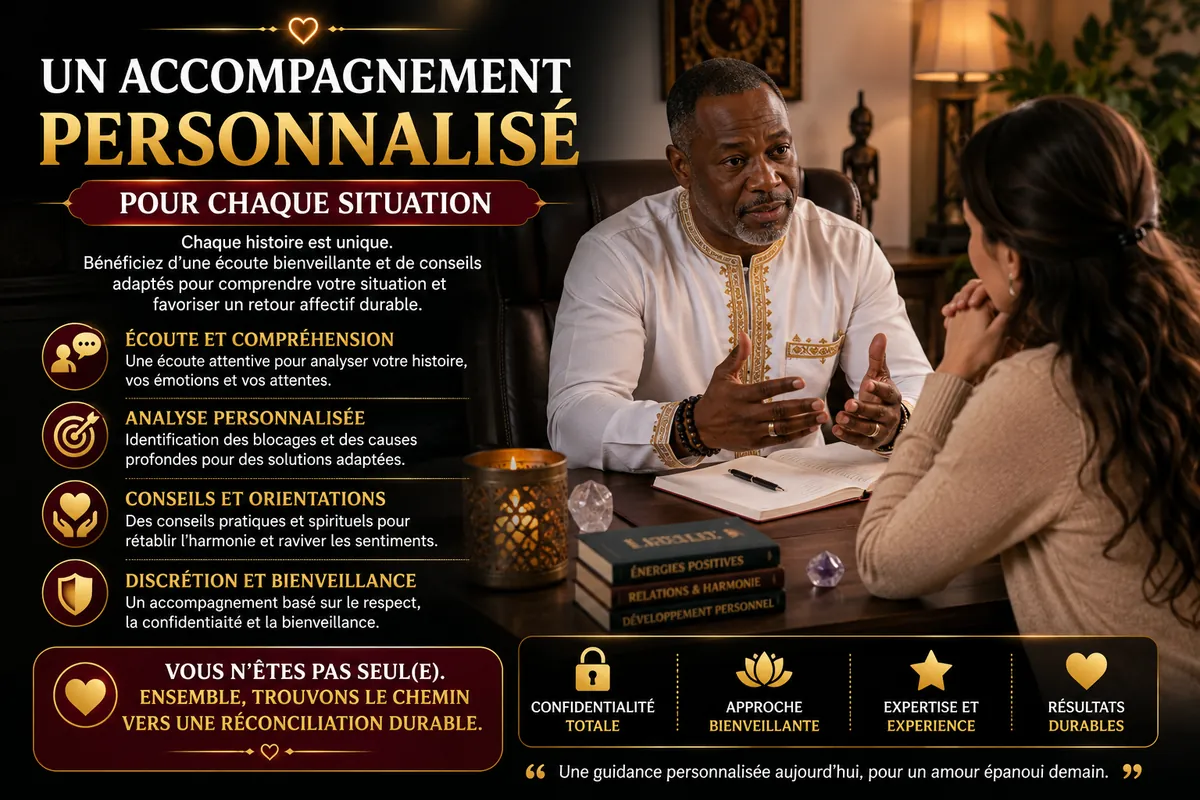Bénéficiez d'un accompagnement personnalisé pour comprendre votre situation, identifier les blocages et recevoir des conseils adaptés afin de favoriser une réconciliation amoureuse durable.