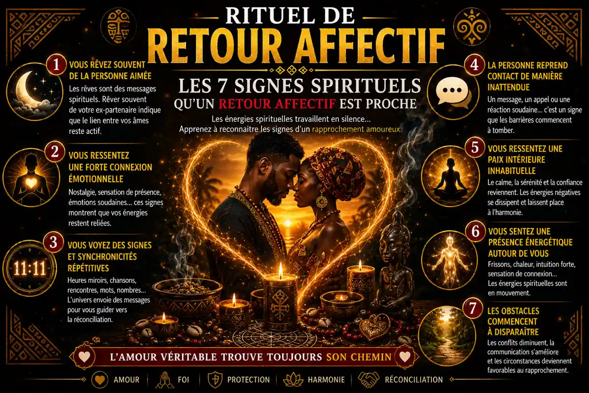 Les 7 signes spirituels qu'un retour affectif est proche selon les traditions de la magie africaine et du retour amoureux.