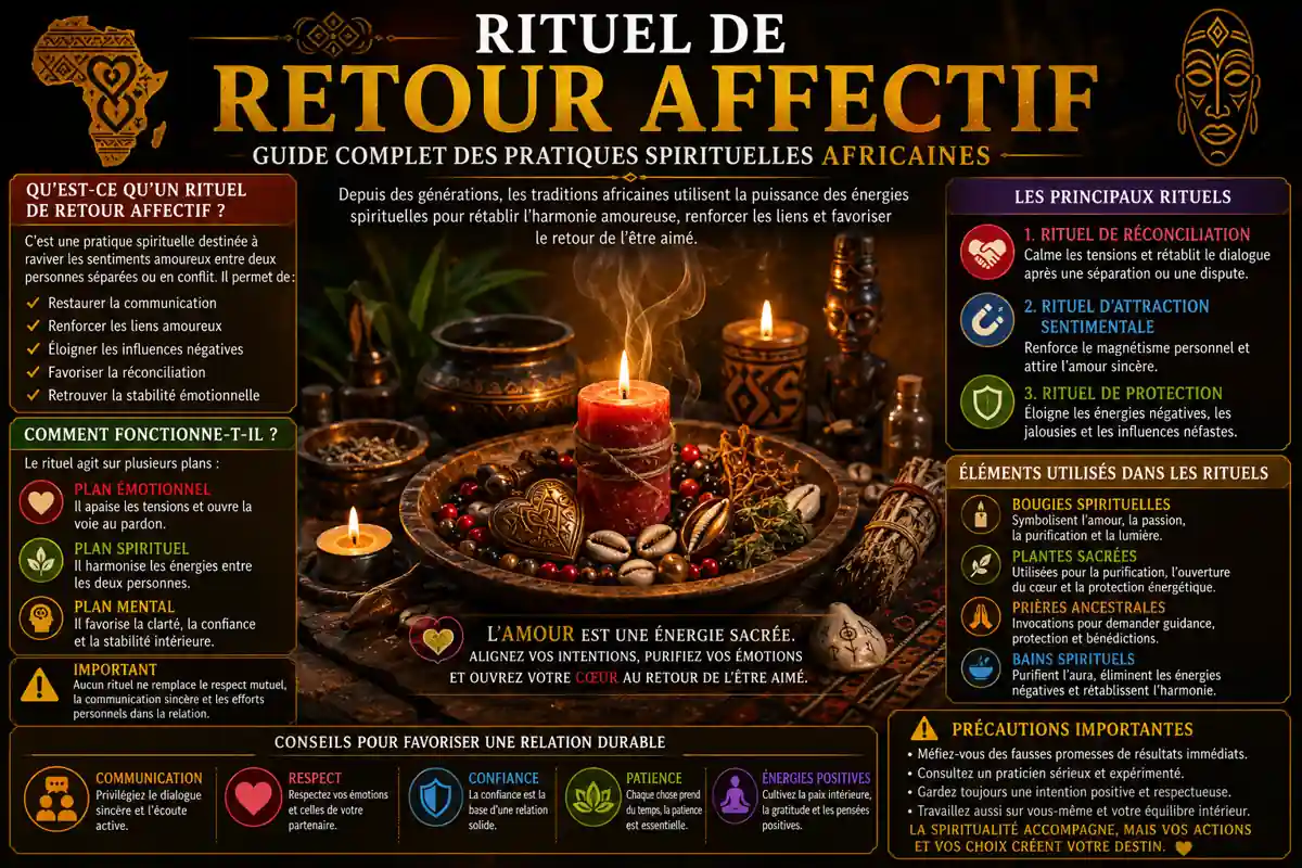Guide complet du rituel de retour affectif africain, pratiques spirituelles ancestrales pour la réconciliation amoureuse, l'harmonie sentimentale et le retour de l'être aimé.