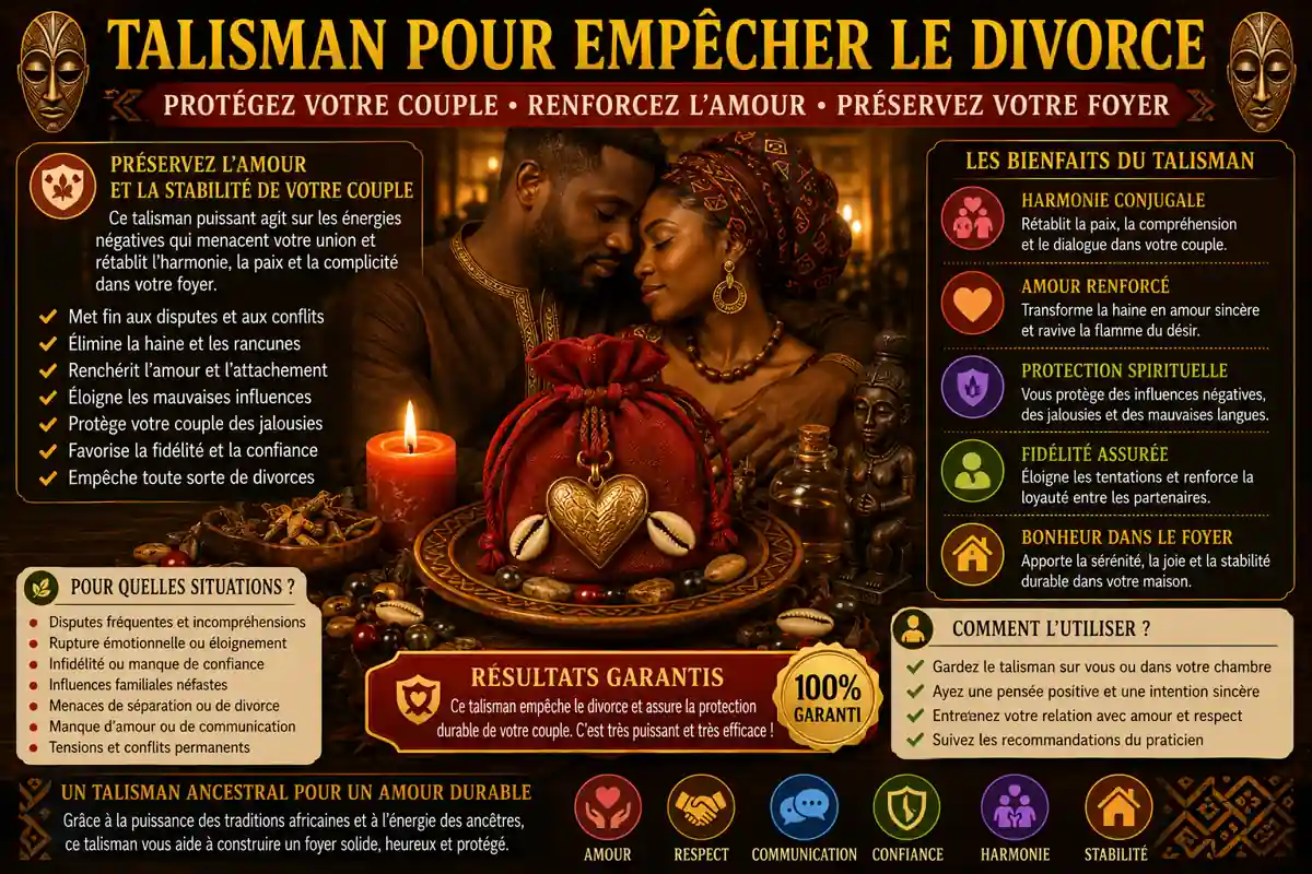 Talisman pour empêcher le divorce et protéger le couple, symbole spirituel africain favorisant l'harmonie conjugale, la fidélité et la stabilité du foyer.