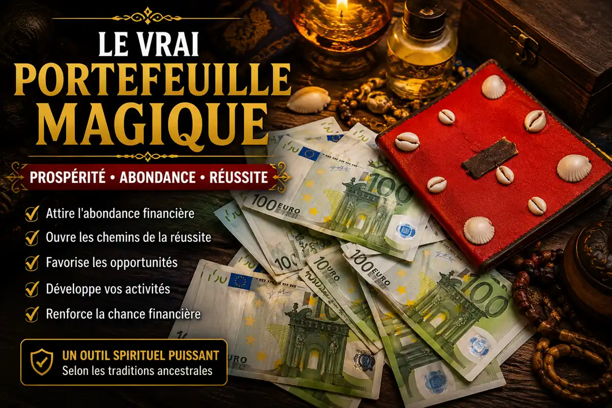 Vrai portefeuille magique africain associé à la prospérité, à l’abondance financière et aux traditions spirituelles de richesse.