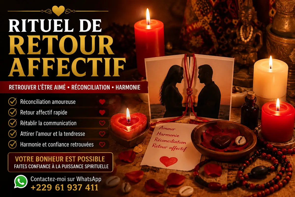 Rituel de retour affectif avec bougies, symbole d’amour, réconciliation amoureuse et harmonie sentimentale selon les traditions spirituelles africaines.