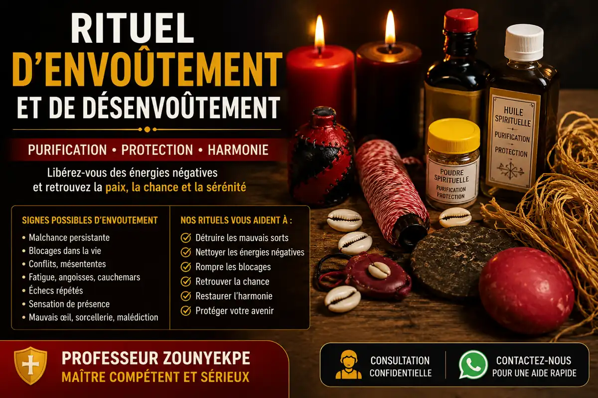 Rituel d’envoûtement et de désenvoûtement avec objets spirituels, bougies, purification énergétique et protection selon les traditions africaines.