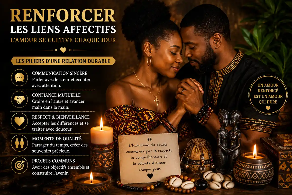 Couple renforçant les liens affectifs grâce à la confiance, au respect et aux traditions spirituelles africaines