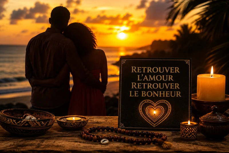 Couple réconcilié au coucher du soleil symbolisant le retour affectif, la réussite amoureuse et des témoignages de réconciliation.