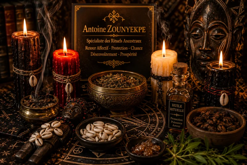 Bougies de cire, encens, cauris et plantes sacrées illustrant des rituels traditionnels et une consultation spirituelle inspirée des traditions africaines