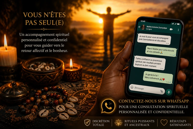 Smartphone affichant une discussion WhatsApp de consultation spirituelle, accompagné d'une ambiance apaisante avec bougies et symboles traditionnels évoquant le retour affectif.