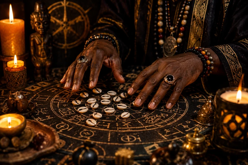 Maître spirituel préparant un rituel traditionnel avec des cauris, des bougies et des symboles ésotériques pour favoriser un retour affectif. 
